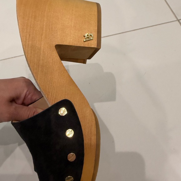 Veronica Beard Black Suede Platform Mules with Gold Accents - Picture 3 of 5